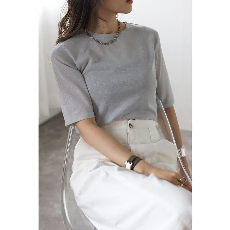LIGHT-GRAY | クルーネックラメTシャツ 77-003715 | BONJOUR SAGAN