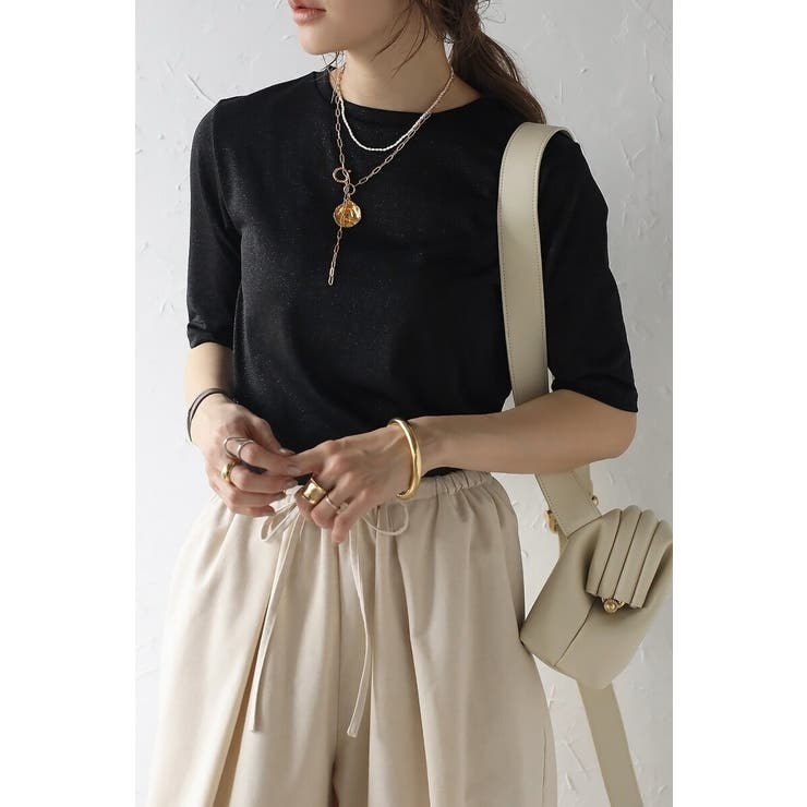 BLACK | クルーネックラメTシャツ 77-003715 | BONJOUR SAGAN