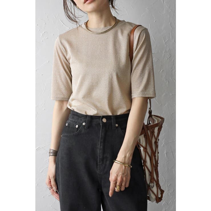 BEIGE | クルーネックラメTシャツ 77-003715 | BONJOUR SAGAN