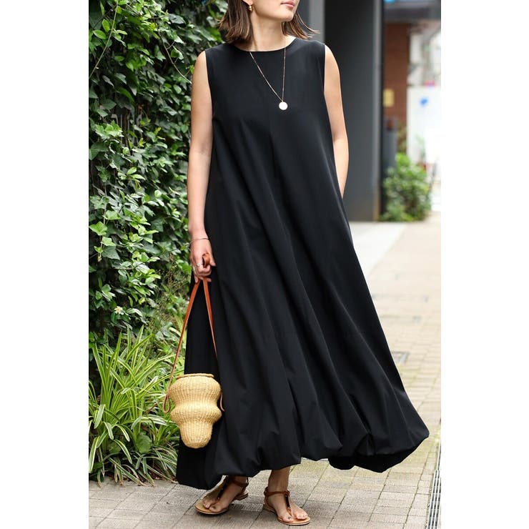 BLACK | 【接触冷感＋UVカット+撥水加工】裾バルーン撥水ノースリワンピ | BONJOUR SAGAN