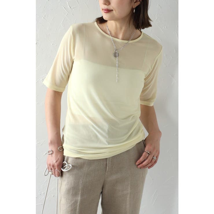 LIGHT-YELLOW | クルーネックハーフスリーブシアープルオーバー 77-003792 | BONJOUR SAGAN