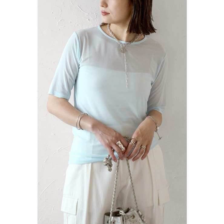LIGHT-BLUE | クルーネックハーフスリーブシアープルオーバー 77-003792 | BONJOUR SAGAN