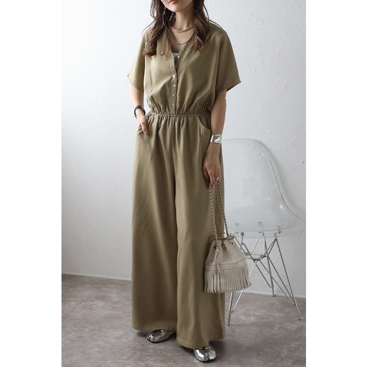 LIGHT-KHAKI | ウエスト切替Vネックオールインワン 77-003799 | BONJOUR SAGAN