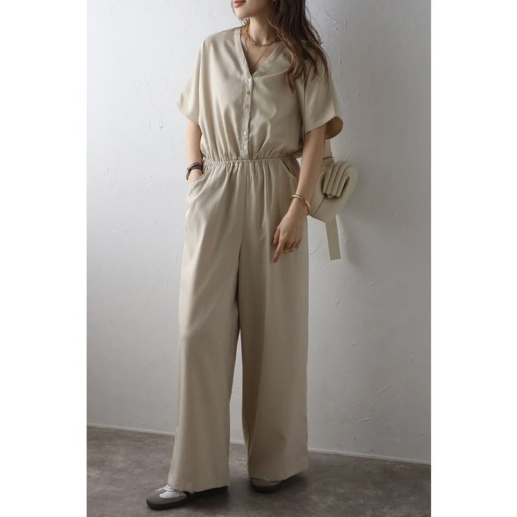 LIGHT-BEIGE | ウエスト切替Vネックオールインワン 77-003799 | BONJOUR SAGAN