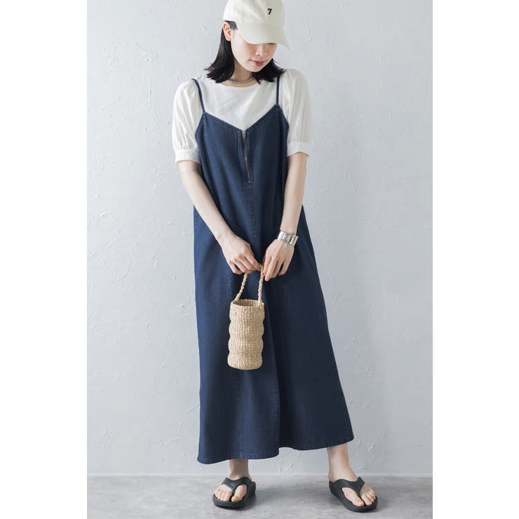 INDIGO-BLUE | フロントジップデニムキャミワンピース 77-003823 | BONJOUR SAGAN