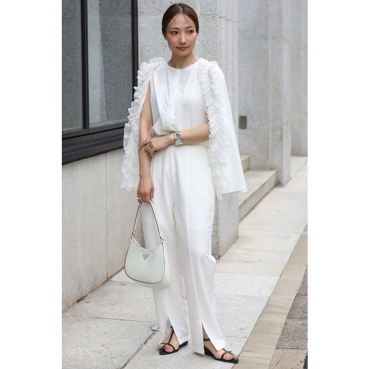 OFF-WHITE | オーガンジードッキングケープブラウス×フロントスリットパンツセットアップ 77 … | BONJOUR SAGAN