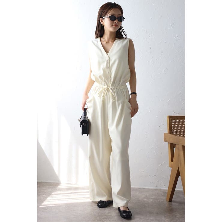 IVORY | ウエストドロストノースリーブVネックオールインワン 77-003840 | BONJOUR SAGAN