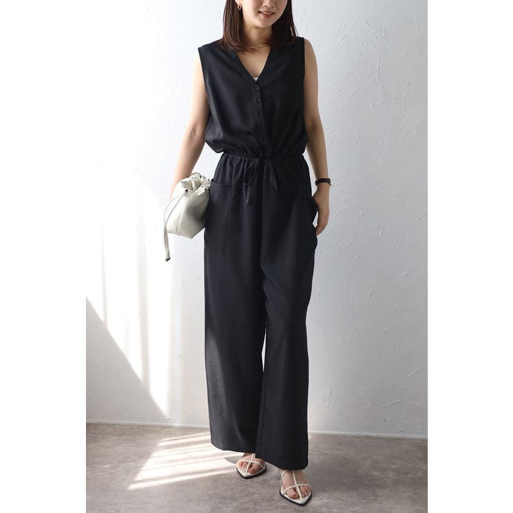 BLACK | ウエストドロストノースリーブVネックオールインワン 77-003840 | BONJOUR SAGAN