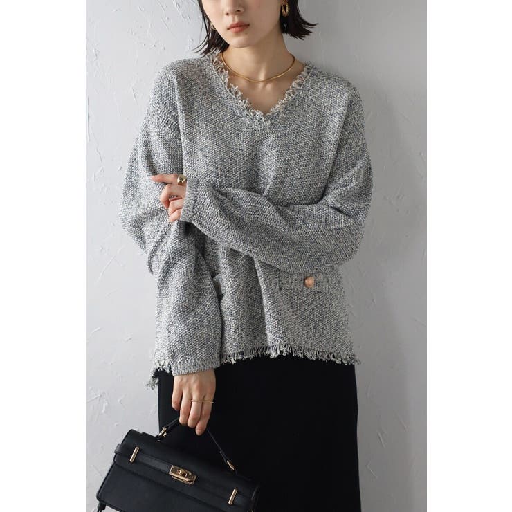 NAVY | Vネックサマーツイードプルオーバー 77-003863 | BONJOUR SAGAN