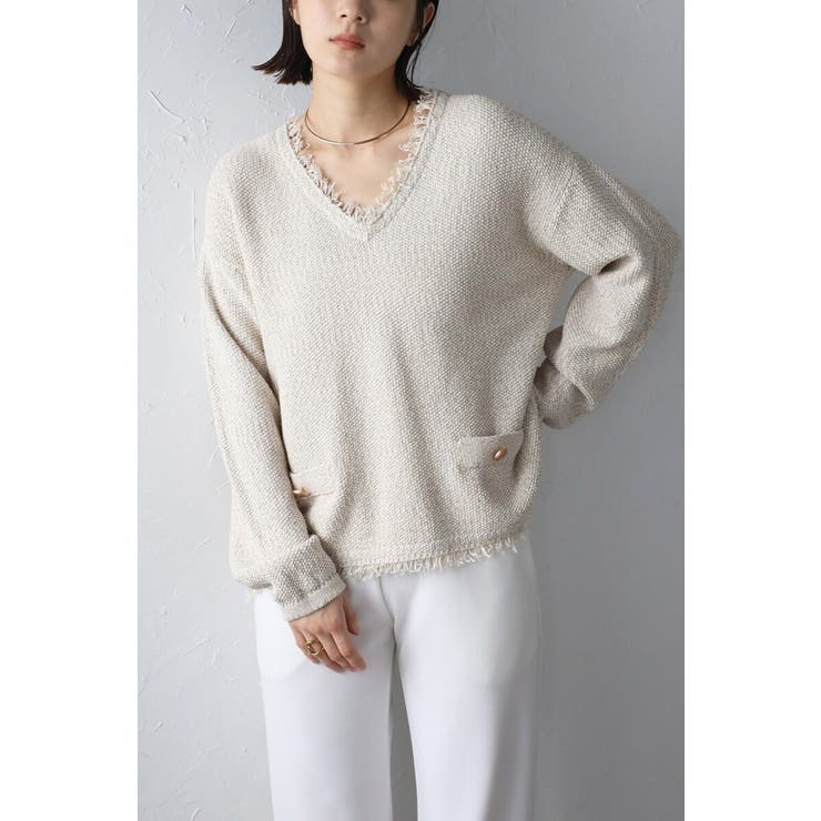 LIGHT-BEIGE | Vネックサマーツイードプルオーバー 77-003863 | BONJOUR SAGAN