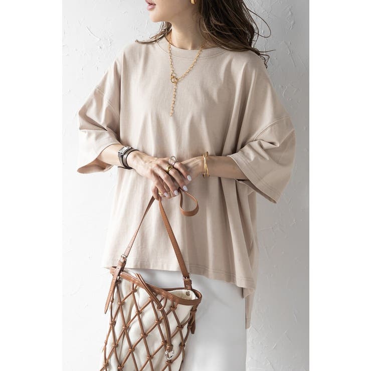 LIGHT-BEIGE | ビッグシルエット前後差Tシャツ 77-003873 | BONJOUR SAGAN