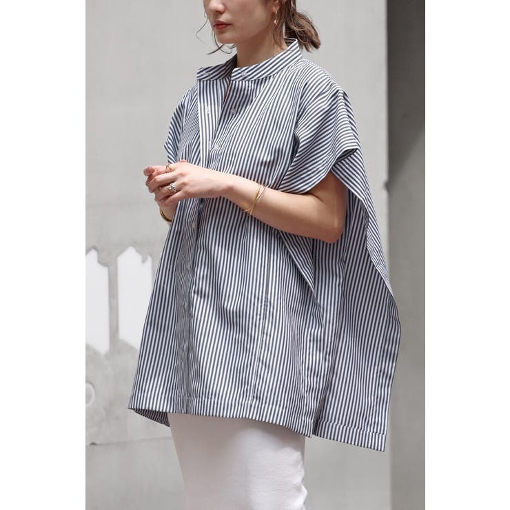 WHITE×NAVY | バンドカラースクエアポンチョシャツ  77-003892 | BONJOUR SAGAN