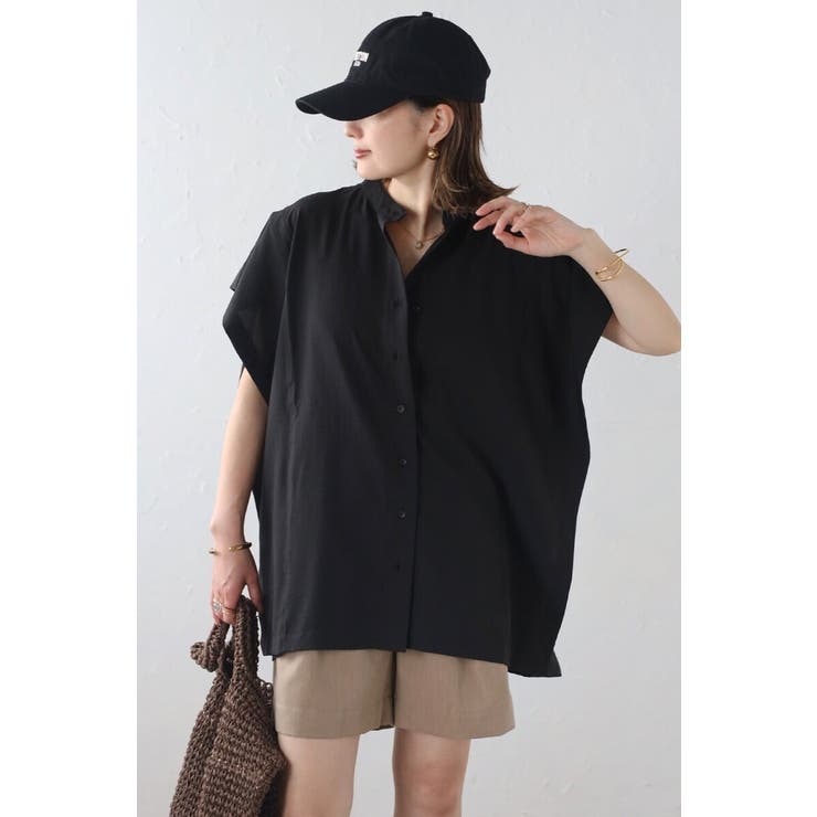 BLACK | バンドカラースクエアポンチョシャツ  77-003892 | BONJOUR SAGAN