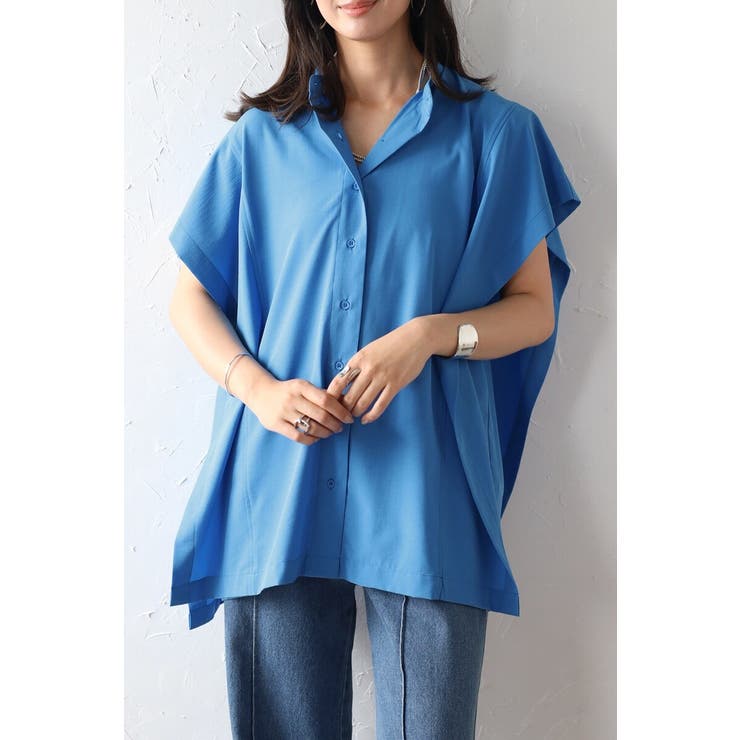 BLUE | バンドカラースクエアポンチョシャツ  77-003892 | BONJOUR SAGAN