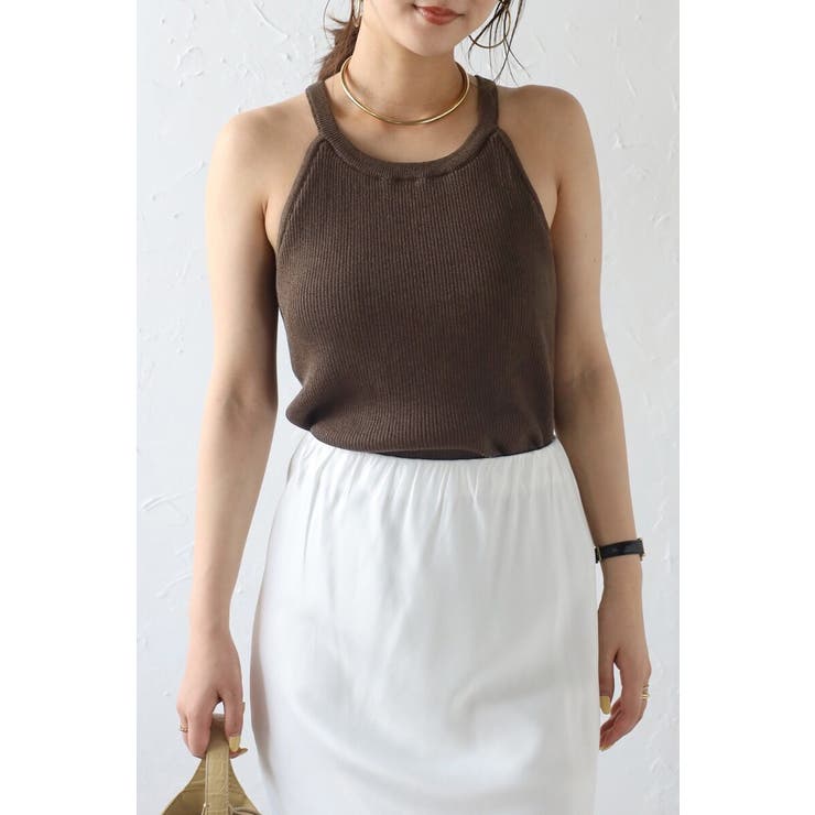 DARK-BROWN | カップ付きホルターネックラメニットタンク 77-003907 | BONJOUR SAGAN