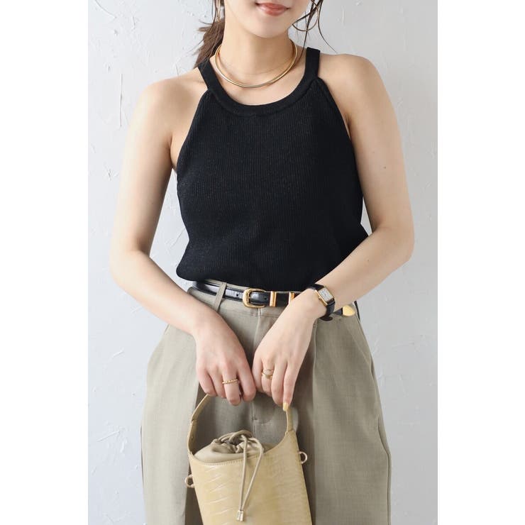 BLACK | カップ付きホルターネックラメニットタンク 77-003907 | BONJOUR SAGAN