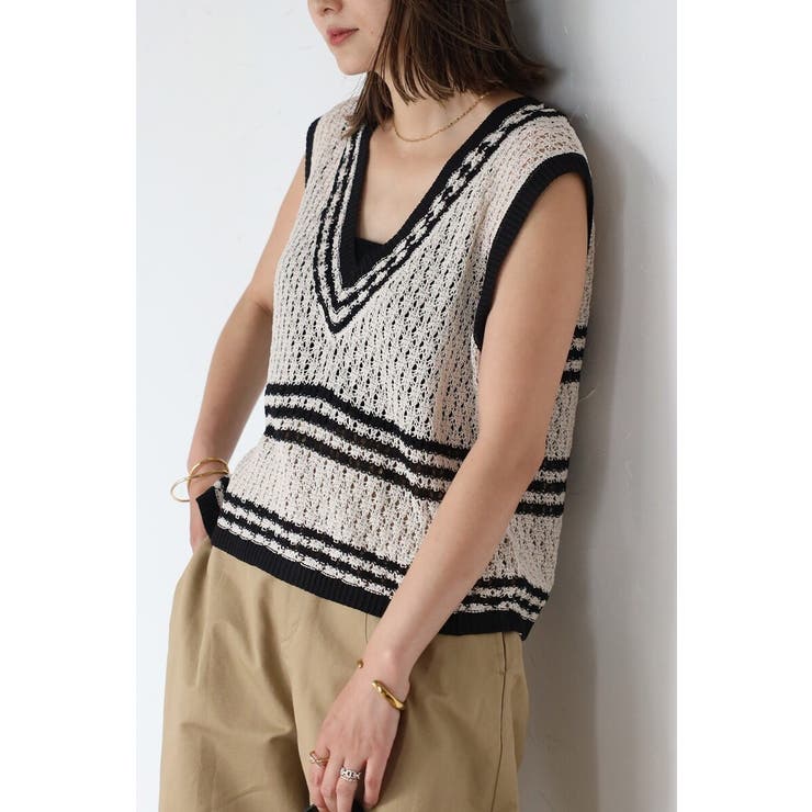 ECRU | 透かし編み配色ニットベスト 77-003911 | BONJOUR SAGAN