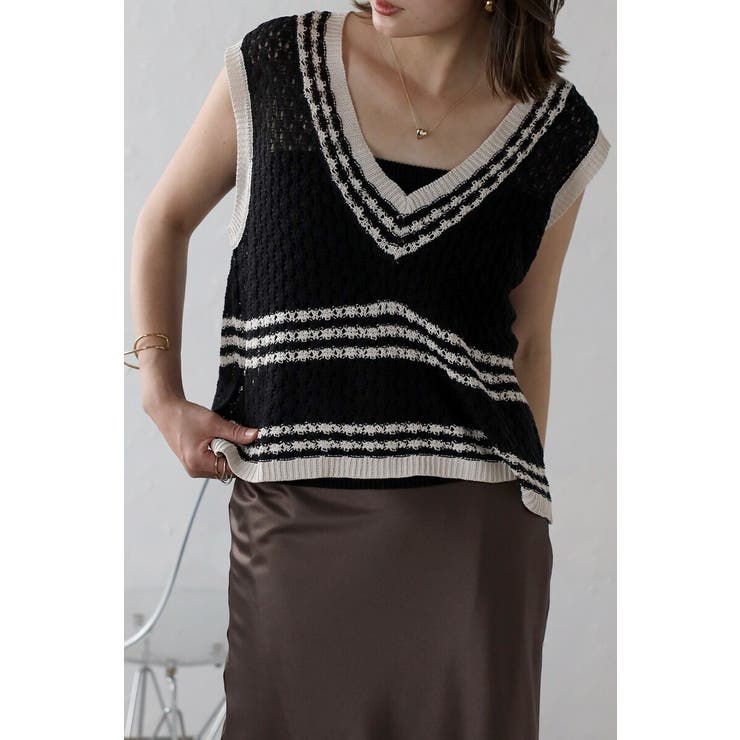 透かし編み配色ニットベスト 77-003911 | BONJOUR SAGAN | 詳細画像1 