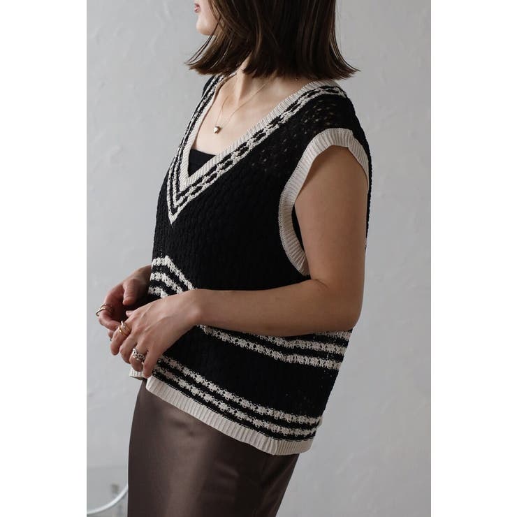 透かし編み配色ニットベスト 77-003911 | BONJOUR SAGAN | 詳細画像3 