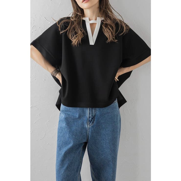 BLACK | 接触冷感 配色キーネックダンボールポンチョ 77-003948 | BONJOUR SAGAN