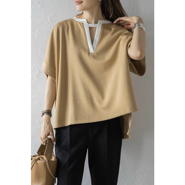 BEIGE | 接触冷感 配色キーネックダンボールポンチョ 77-003948 | BONJOUR SAGAN