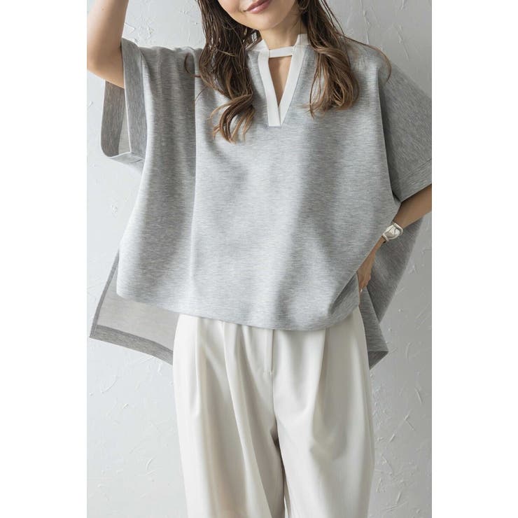 接触冷感 配色キーネックダンボールポンチョ 77-003948 | BONJOUR SAGAN | 詳細画像1 