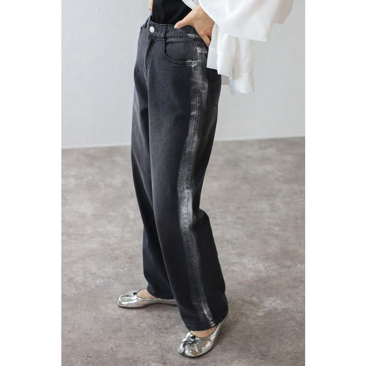 BLACK | 箔サイドラインデニムパンツ 77-003970 | BONJOUR SAGAN