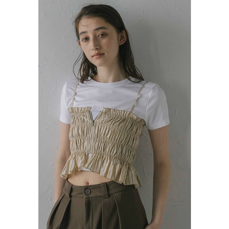 LIGHT-BEIGE | shirring stripe bustier | BONJOUR SAGAN