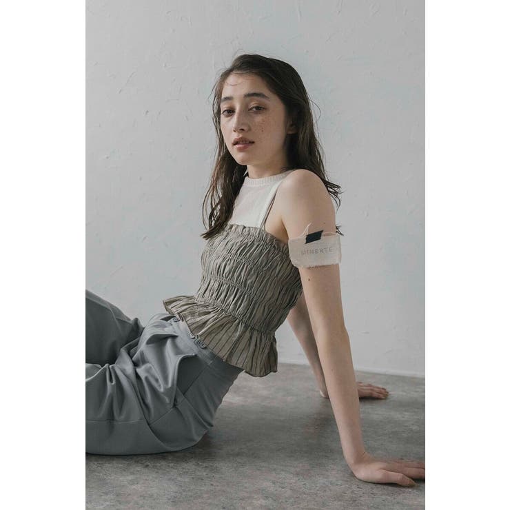 GRAY-BEIGE | shirring stripe bustier | BONJOUR SAGAN