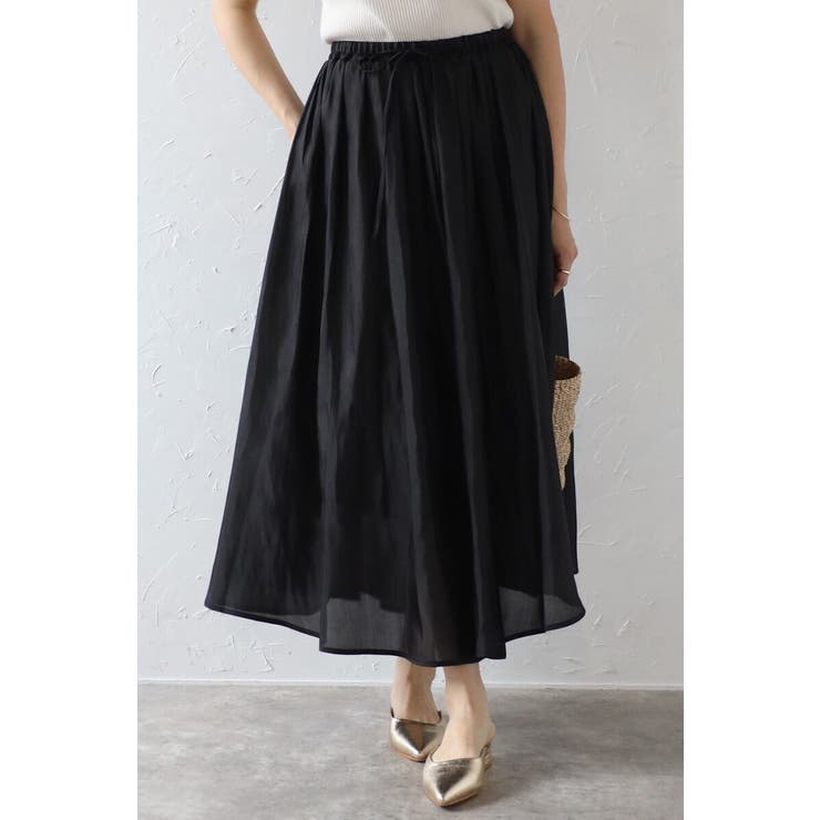 BLACK | ワッシャーサテンリラクシーギャザースカート 77-004135 | BONJOUR SAGAN