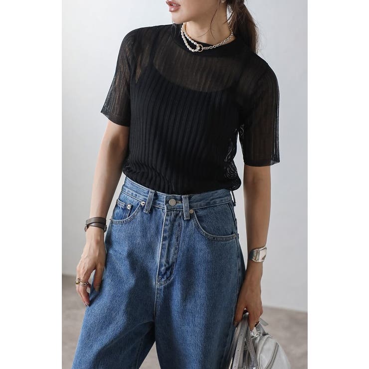 BLACK | メタリックシアーニットT 77-004160 | BONJOUR SAGAN