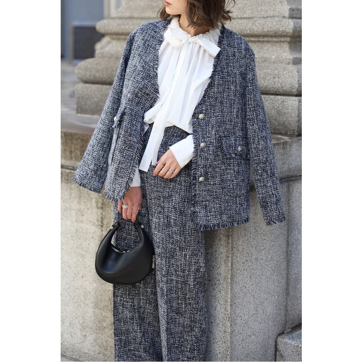 NAVY×WHITE | ツイードフリンジVネックジャケット 77-004464 | BONJOUR SAGAN