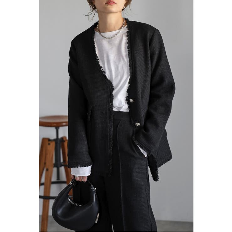 BLACK | ツイードフリンジVネックジャケット 77-004464 | BONJOUR SAGAN