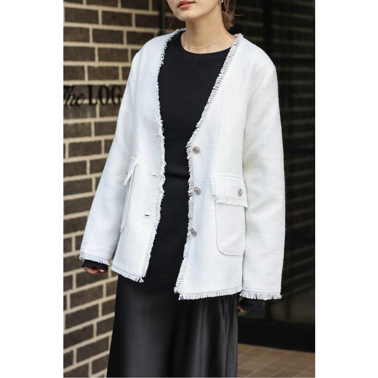 IVORY | ツイードフリンジVネックジャケット 77-004464 | BONJOUR SAGAN