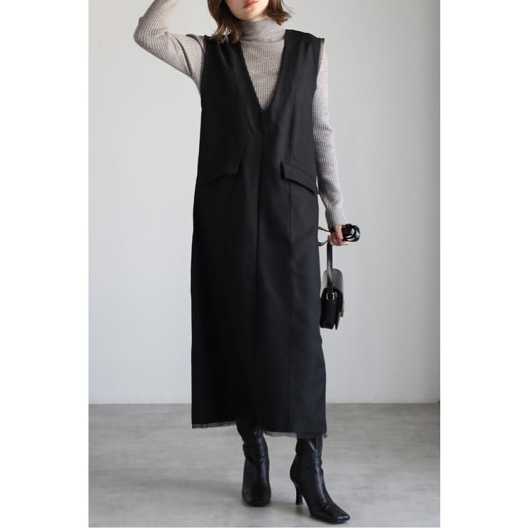 BLACK | ライトツイルレイヤード風Vネックジャンスカ 77-004499 | BONJOUR SAGAN