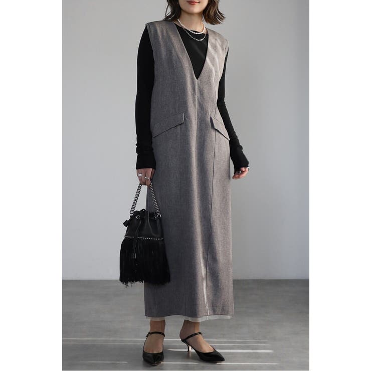 GRAY | ライトツイルレイヤード風Vネックジャンスカ 77-004499 | BONJOUR SAGAN