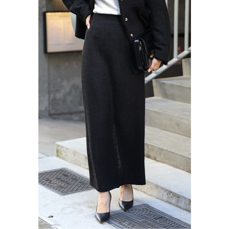 BLACK | ツイードIラインバックスリットスカート 77-004588 | BONJOUR SAGAN