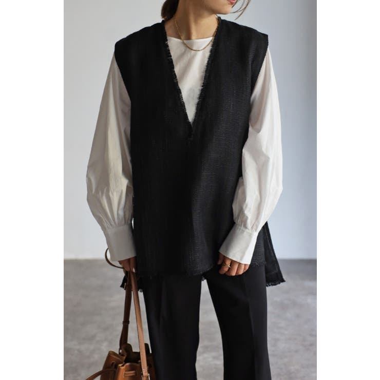 BLACK | Vネックツイードベスト  77-003247 | BONJOUR SAGAN