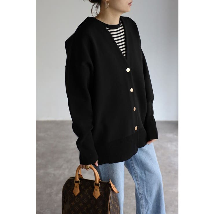 BLACK | ゴールドボタン ダンボールカーディガン | BONJOUR SAGAN