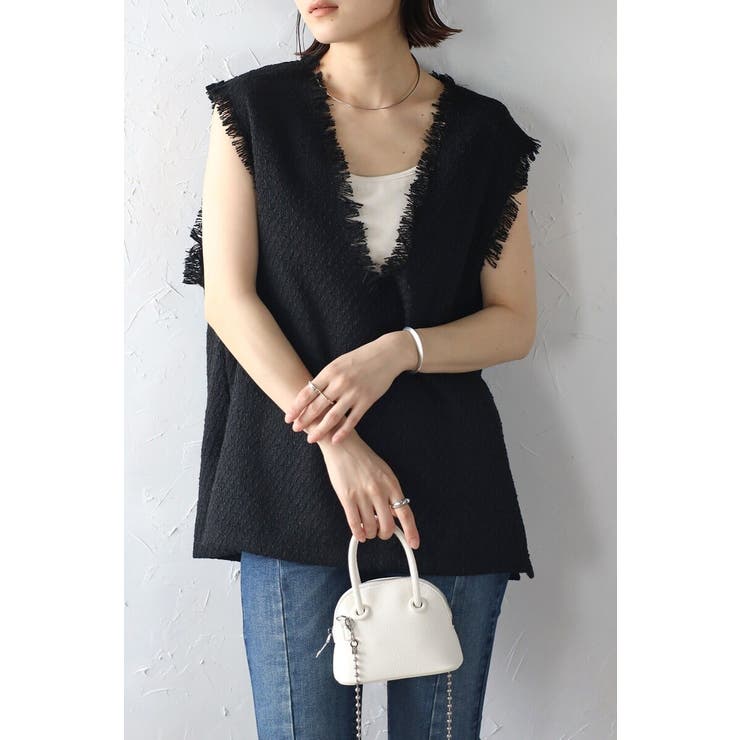BLACK | ツイードフリンジディープVベスト 88-002936 | BONJOUR SAGAN