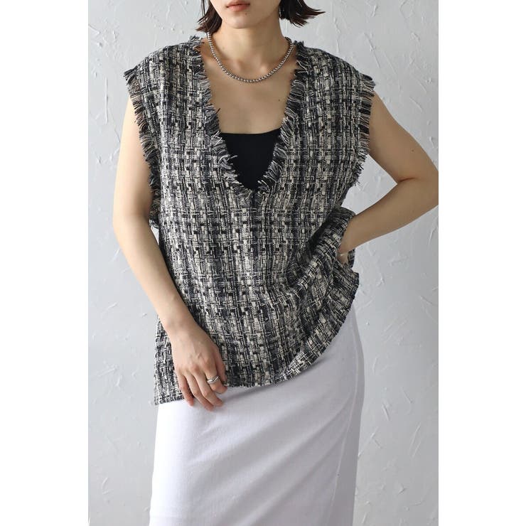 GRAY | ツイードフリンジディープVベスト 88-002936 | BONJOUR SAGAN