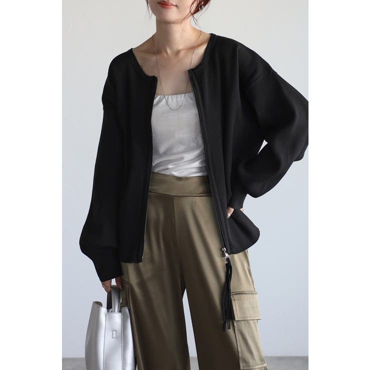 BLACK | ダブルジップダンボールリブニットカーディガン 88-003686 | BONJOUR SAGAN