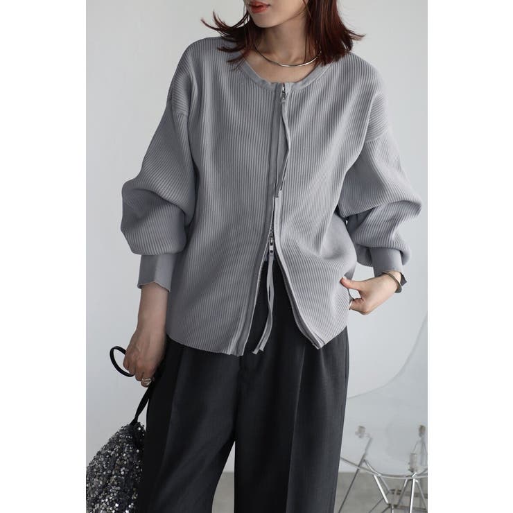 GRAY | ダブルジップダンボールリブニットカーディガン 88-003686 | BONJOUR SAGAN