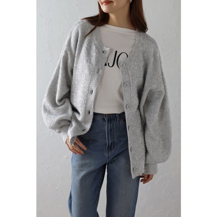 LIGHT-GRAY | 前後2WAYラメシャギークルーネックカーディガン 88-003687 | BONJOUR SAGAN