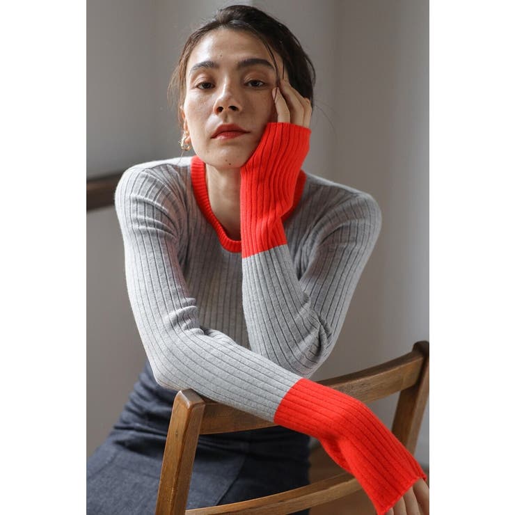 LIGHT-GRAY | 配色フィンガーホールリブニット 88-003886 | BONJOUR SAGAN