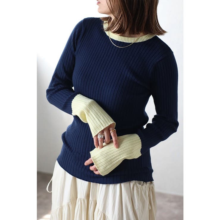 NAVY | 配色フィンガーホールリブニット 88-003886 | BONJOUR SAGAN