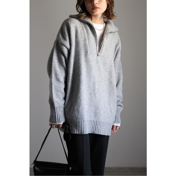 LIGHT-GRAY | ハイネックハーフジップニット 88-003887 | BONJOUR SAGAN