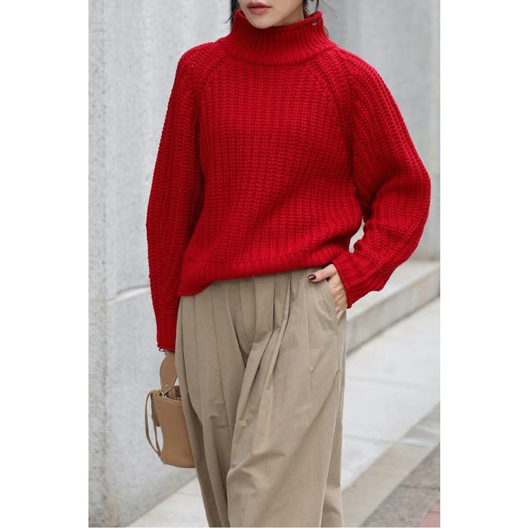 RED | ハイネック畔編みボリュームニット 88-003929 | BONJOUR SAGAN