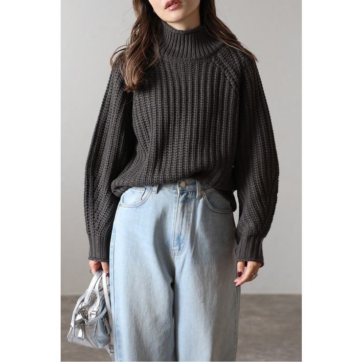 CHARCOAL-GRAY | ハイネック畔編みボリュームニット 88-003929 | BONJOUR SAGAN