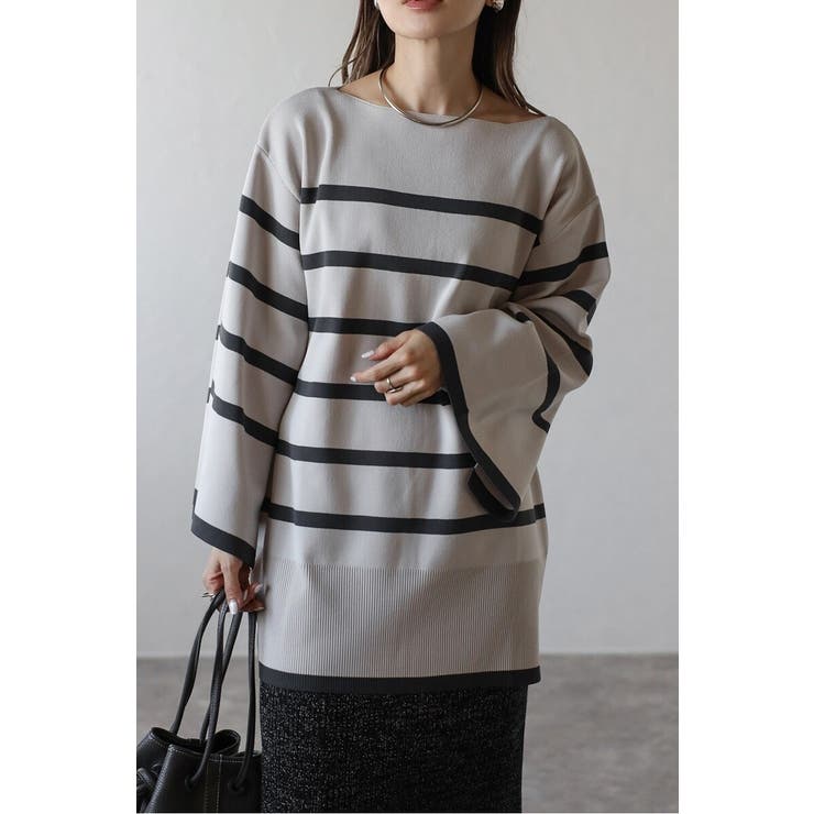 LIGHT-GRAY | スリットスリーブボートネックボーダーニット | BONJOUR SAGAN